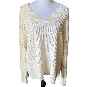 GAP Relaxed Crochet V Neck Sweater Ivory Cream Frost Womens Large